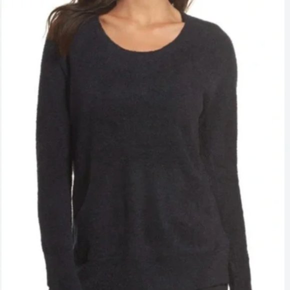 Barefoot Dreams Cozy Chic Lite Raglan Black Fuzzy Front Pocket Pullover S - Picture 2 of 6